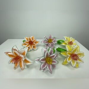Murano Style‎ Hand blown Art Glass Flower Napkin Rings Vintage Set of 6